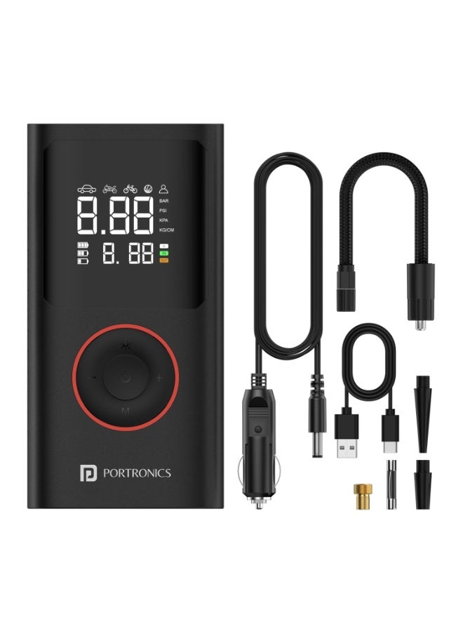 بورترونيكس Portronics Vayu, 2-in-1 Tyre Inflator, Rechargeable & Corded Power, Preset Inflation Modes, Digital Display, Flashlight Torch with SOS, Auto Shut-Off, Multi-Purpose Use (Black) - Image 1